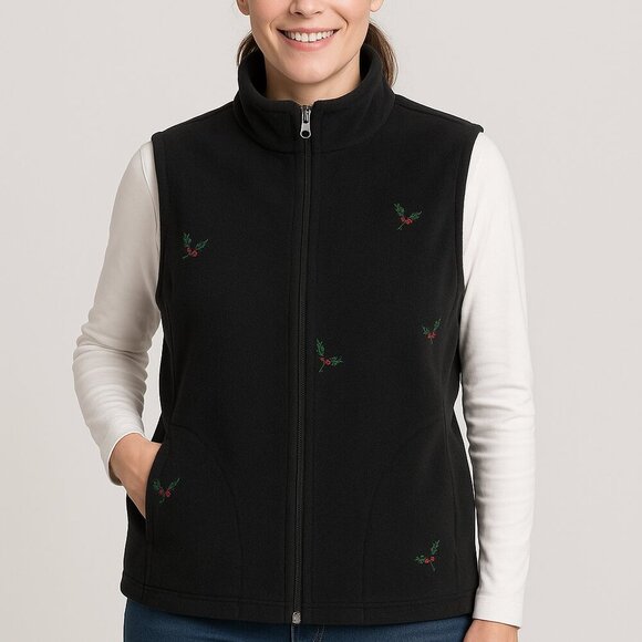 Casual Corner Annex Vest LP Black Fleece Zip Mistletoe Holiday Embroidered 90s - Picture 1 of 7